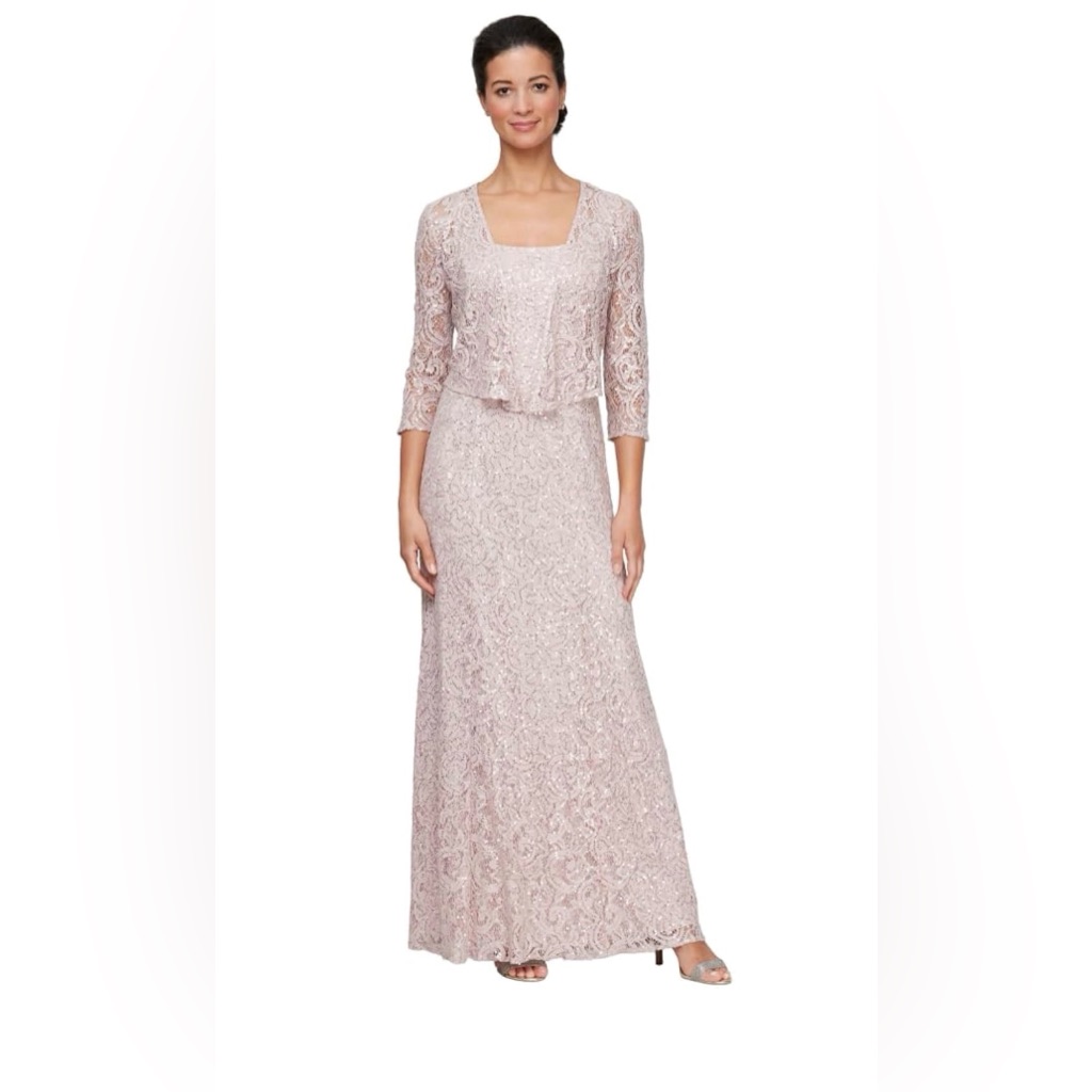 Alex Evenings Womens Buff Lace Sequins 2pc Formal Evening Gown Jacket S-16 $229